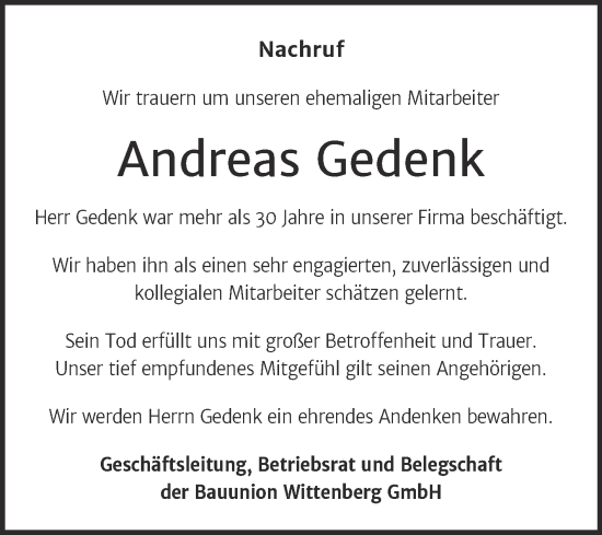 Traueranzeige von Andreas Gedenk von Super Sonntag Wittenberg