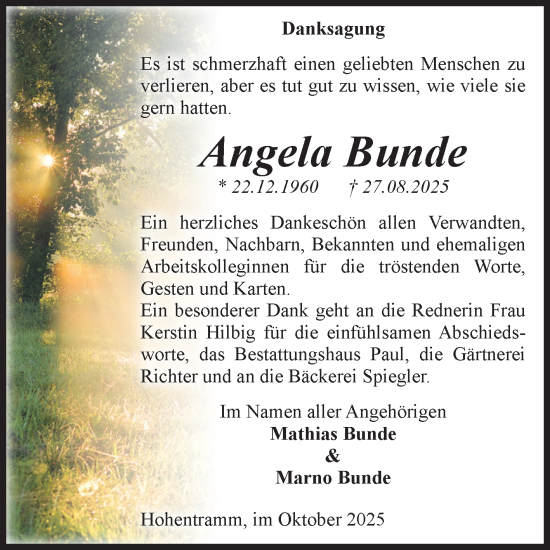 Traueranzeige von Angela Bunde von Volksstimme Altmark West