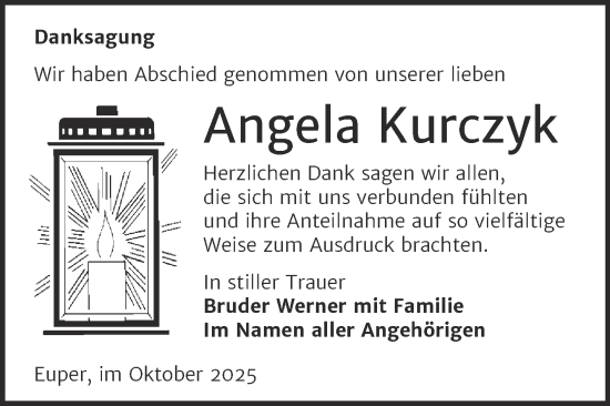 Traueranzeige von Angela Kurczyk von Trauerkombi Wittenberg