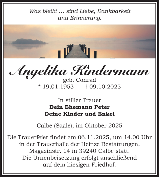 Traueranzeige von Angelika Kindermann von Volksstimme Schönebeck