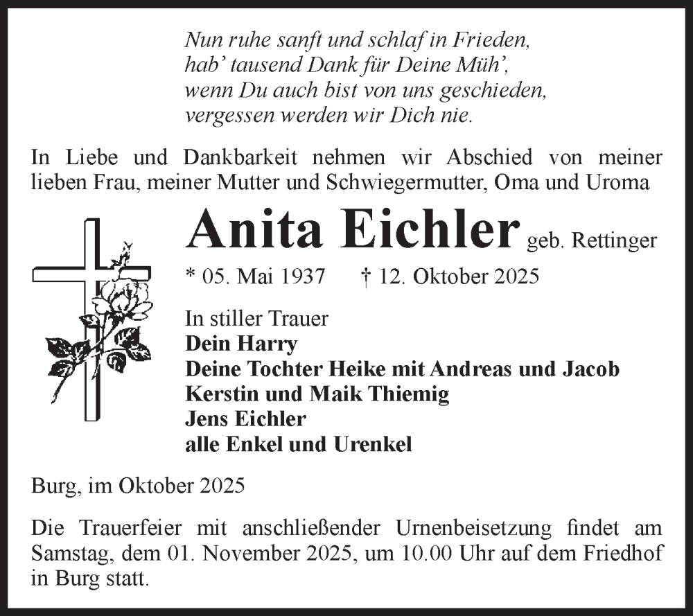  Traueranzeige für Anita Eichler vom 18.10.2025 aus Volksstimme Burg/Genthin
