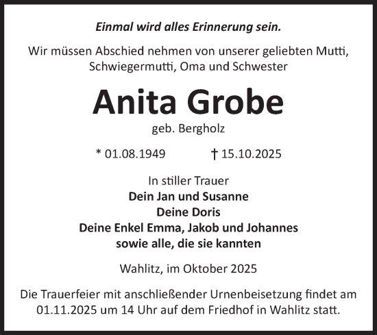 Traueranzeige von Anita Grobe von Volksstimme Burg/Genthin