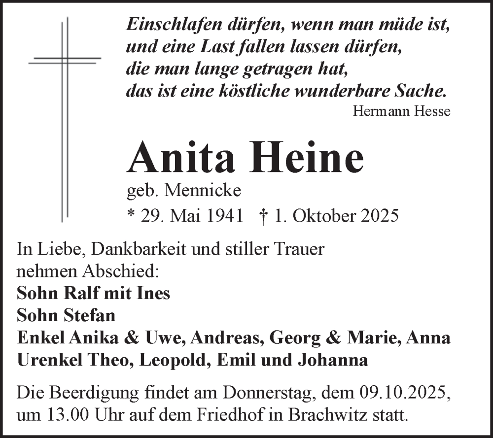  Traueranzeige für Anita Heine vom 04.10.2025 aus Mitteldeutsche Zeitung Halle/Saalkreis