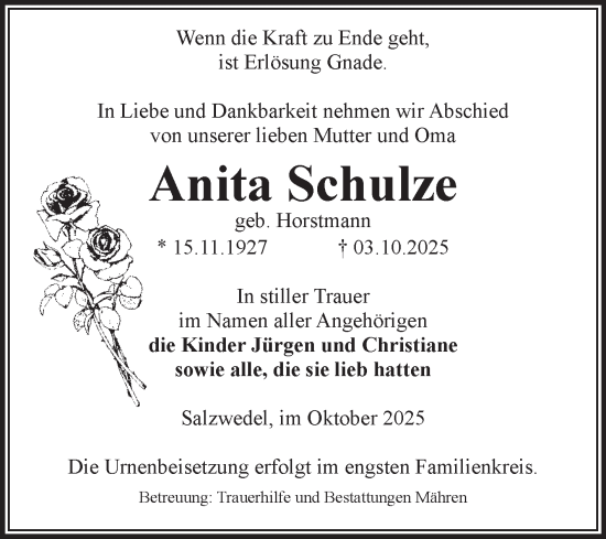 Traueranzeige von Anita Schulze von Volksstimme Altmark West