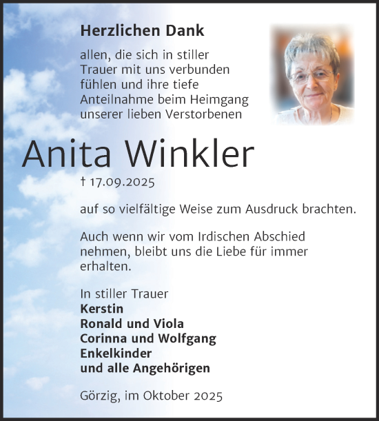 Traueranzeige von Anita Winkler von Trauerkombi Köthen