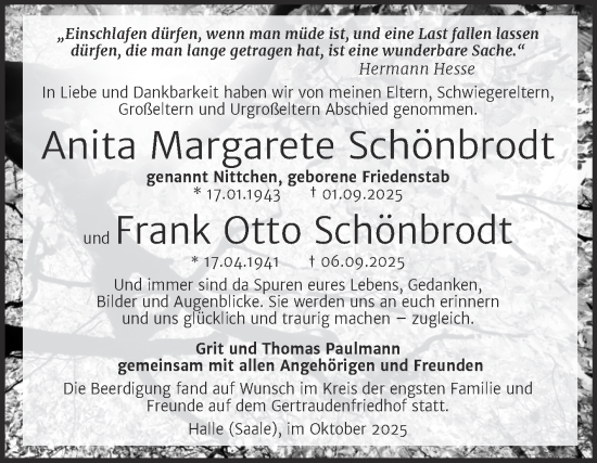 Traueranzeige von Anita Margarete Schönbrodt von Mitteldeutsche Zeitung Halle/Saalkreis
