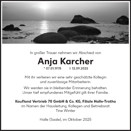 Traueranzeige von Anja Karcher von Mitteldeutsche Zeitung Halle/Saalkreis