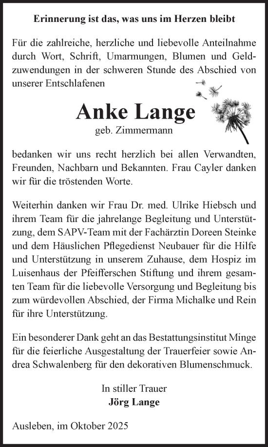 Traueranzeige von Anke Lange von Volksstimme Oschersleben/Wanzleben