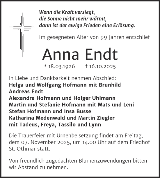 Traueranzeige von Anna Endt von Naumburger Tageblatt