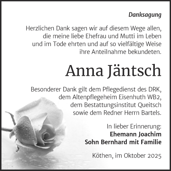Traueranzeige von Anna Jäntsch von Trauerkombi Köthen