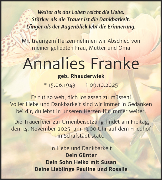 Traueranzeige von Annalies Franke von Trauerkombi Merseburg