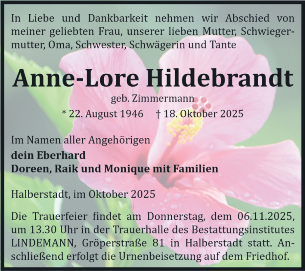  Traueranzeige für Anne-Lore Hildebrandt vom 25.10.2025 aus Volksstimme Halberstadt