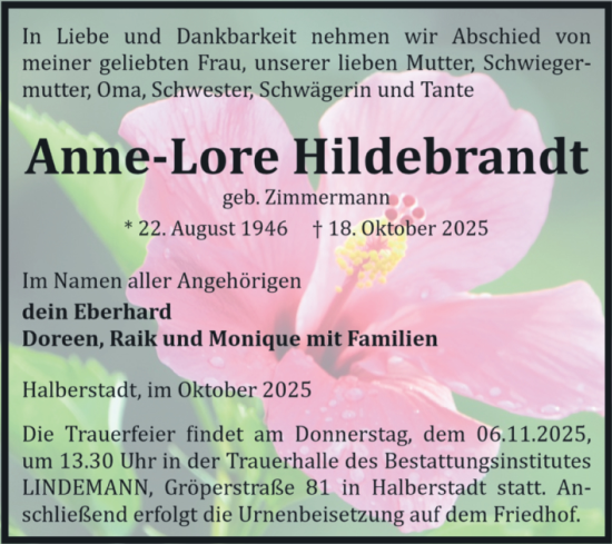 Traueranzeige von Anne-Lore Hildebrandt von Volksstimme Halberstadt