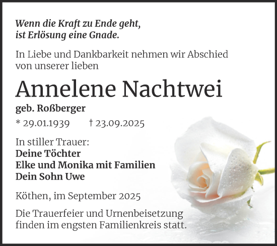 Traueranzeige von Annelene Nachtwei von Trauerkombi Köthen