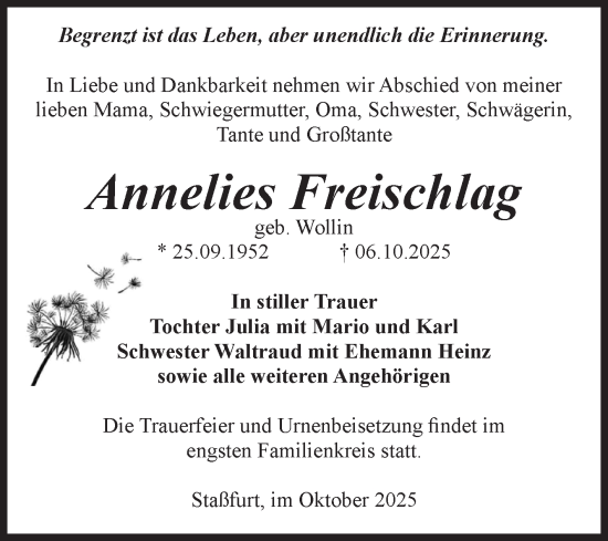 Traueranzeige von Annelies Freischlag von Volksstimme Staßfurt