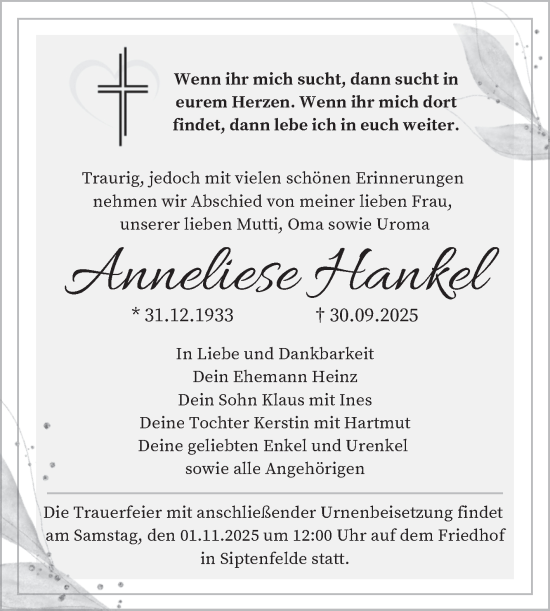 Traueranzeige von Anneliese Hankel von Trauerkombi Quedlinburg