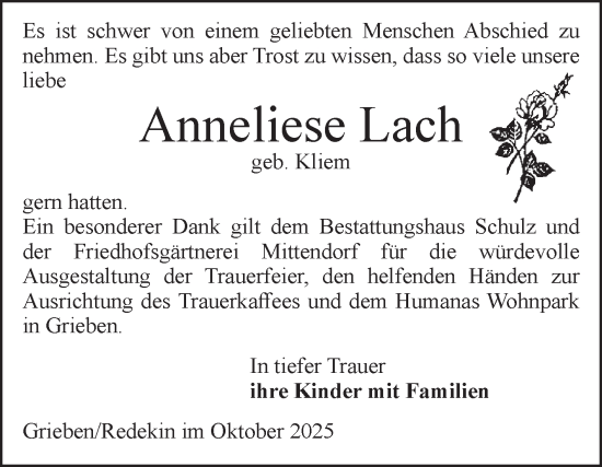 Traueranzeige von Anneliese Lach von Volksstimme Altmark Ost