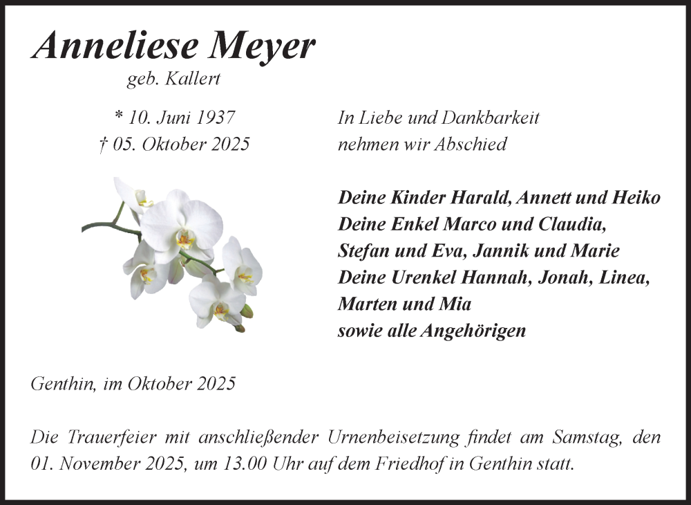  Traueranzeige für Anneliese Meyer vom 11.10.2025 aus Volksstimme Burg/Genthin