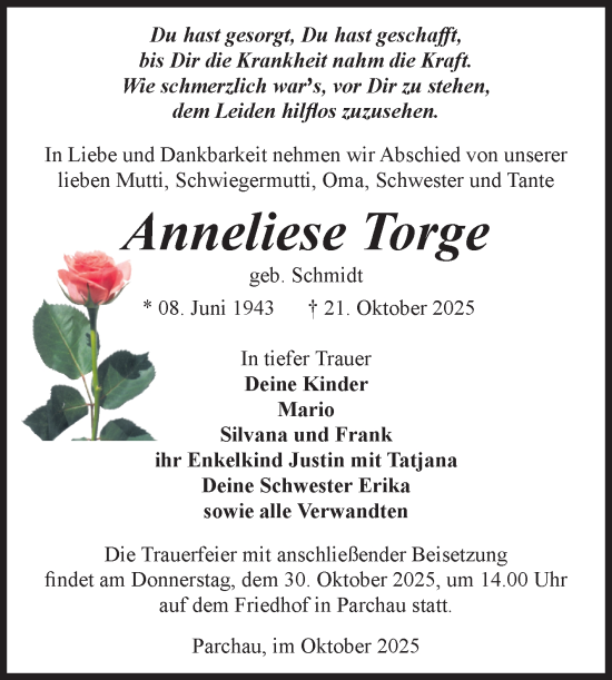 Traueranzeige von Anneliese Torge von Volksstimme Burg/Genthin
