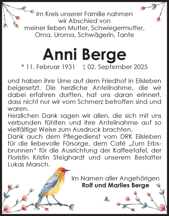 Traueranzeige von Anni Berge von Volksstimme Oschersleben/Wanzleben