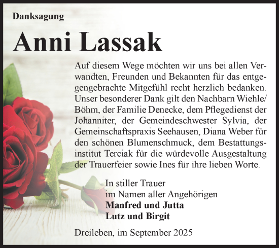 Traueranzeige von Anni Lassak von Volksstimme Oschersleben/Wanzleben