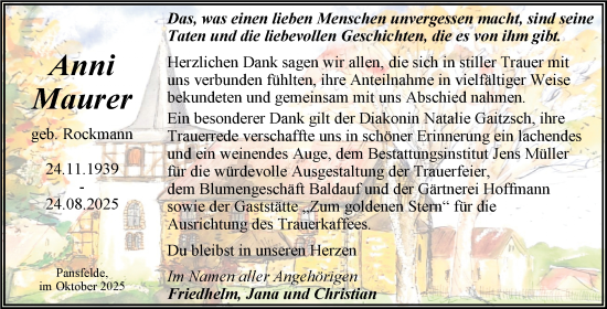 Traueranzeige von Anni Maurer von Trauerkombi Quedlinburg