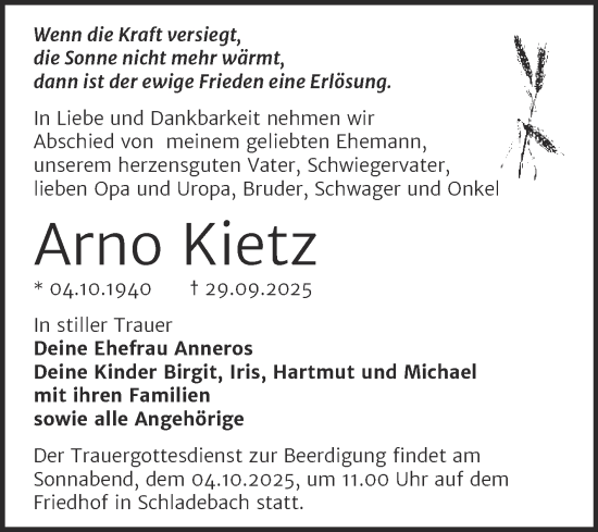 Traueranzeige von Arno Kietz von Trauerkombi Merseburg