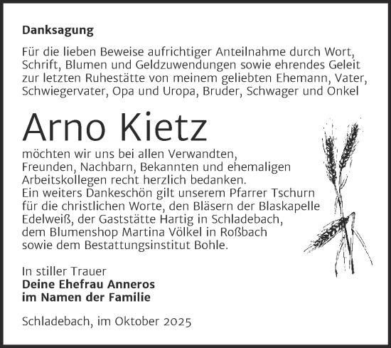 Traueranzeige von Arno Kietz von Trauerkombi Merseburg