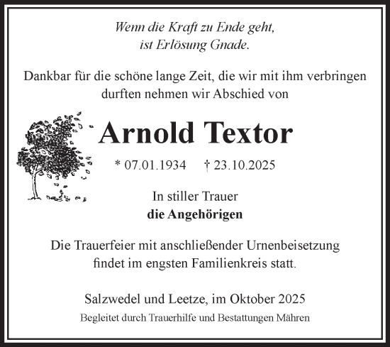 Traueranzeige von Arnold Textor von Volksstimme Altmark West