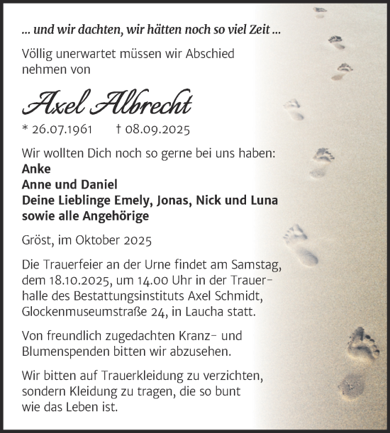 Traueranzeige von Axel Albrecht von Trauerkombi Merseburg