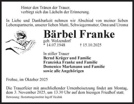 Traueranzeige von Bärbel Franke von Volksstimme Schönebeck
