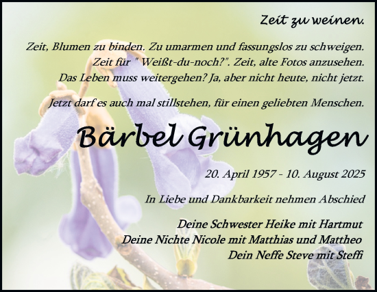 Traueranzeige von Bärbel Grünhagen von Trauerkombi Bitterfeld