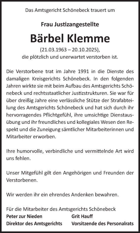 Traueranzeige von Bärbel Klemme von Volksstimme Schönebeck