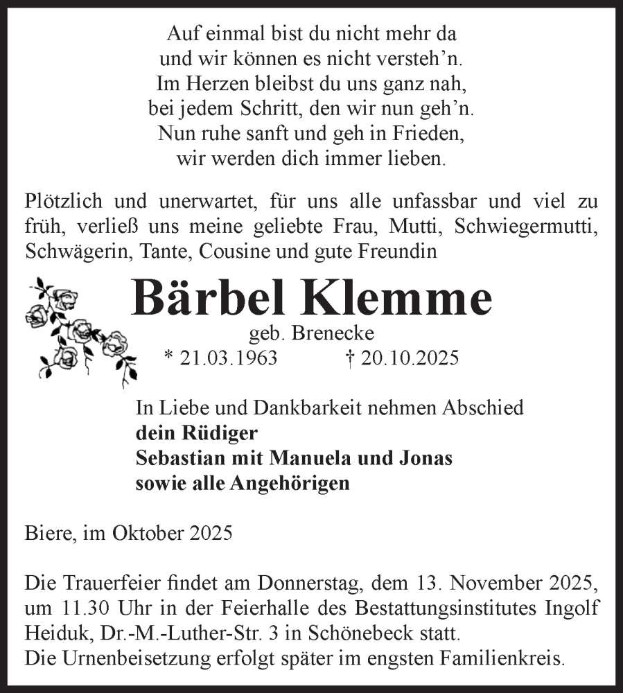  Traueranzeige für Bärbel Klemme vom 25.10.2025 aus Volksstimme Schönebeck