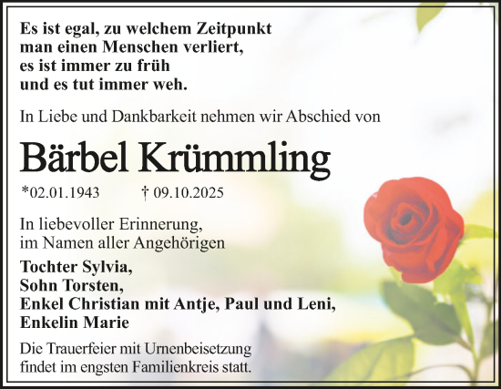 Traueranzeige von Bärbel Krümmling von Trauerkombi Dessau