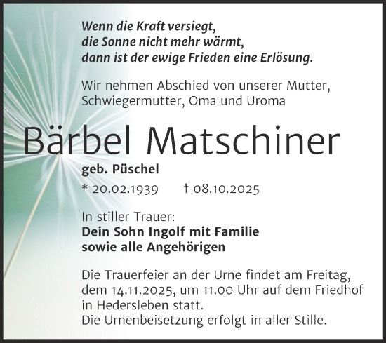 Traueranzeige von Bärbel Matschiner von Trauerkombi Quedlinburg