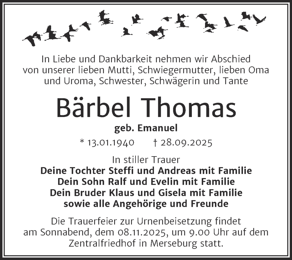  Traueranzeige für Bärbel Thomas vom 11.10.2025 aus Trauerkombi Merseburg