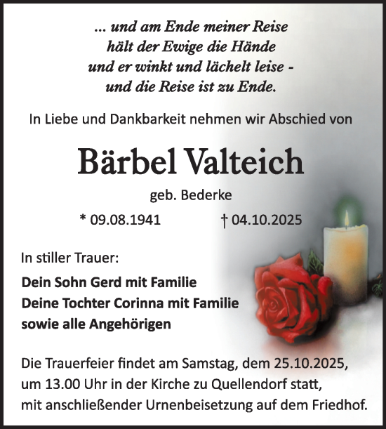 Traueranzeige von Bärbel Valteich von Trauerkombi Dessau