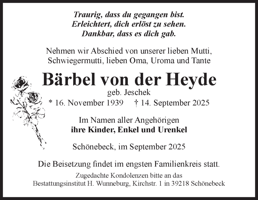  Traueranzeige für Bärbel von der Heyde vom 11.10.2025 aus Volksstimme Schönebeck