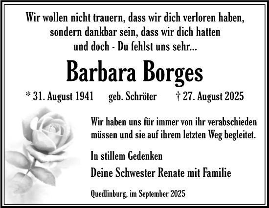 Traueranzeige von Barbara Borges von Trauerkombi Quedlinburg