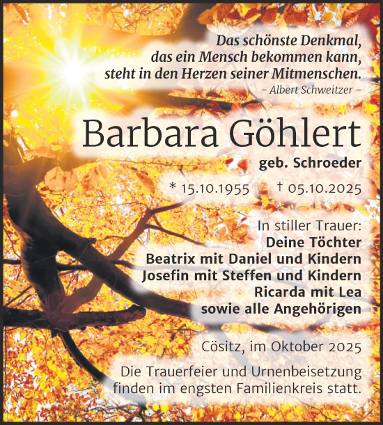 Traueranzeige von Barbara Göhlert von Trauerkombi Köthen