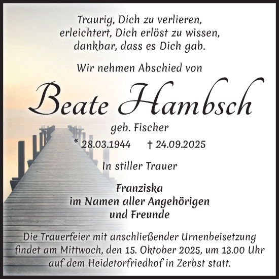 Traueranzeige von Beate Hambsch von Volksstimme Zerbst