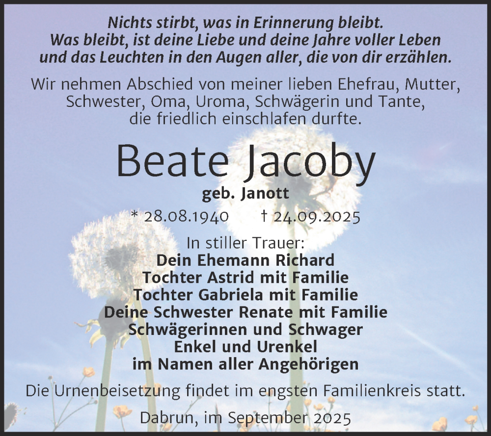  Traueranzeige für Beate Jacoby vom 04.10.2025 aus Trauerkombi Wittenberg