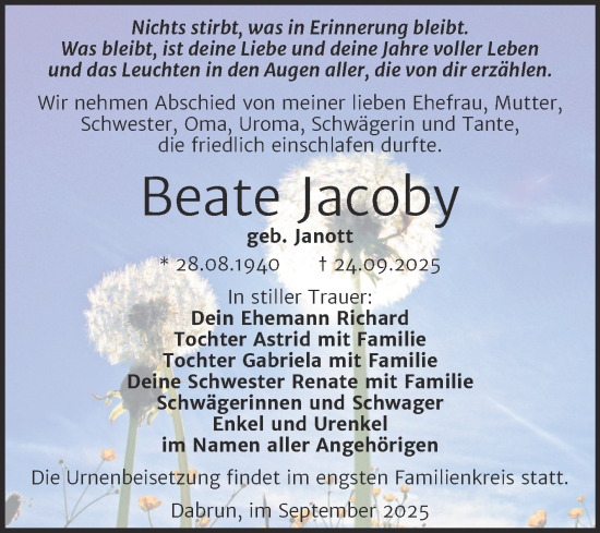 Traueranzeige von Beate Jacoby von Trauerkombi Wittenberg