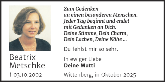 Traueranzeige von Beatrix Metschke von Trauerkombi Wittenberg