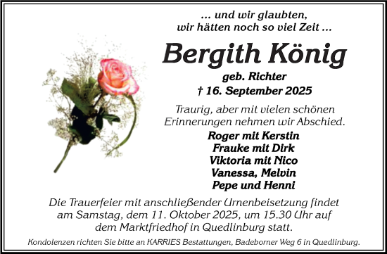 Traueranzeige von Bergith König von Trauerkombi Quedlinburg