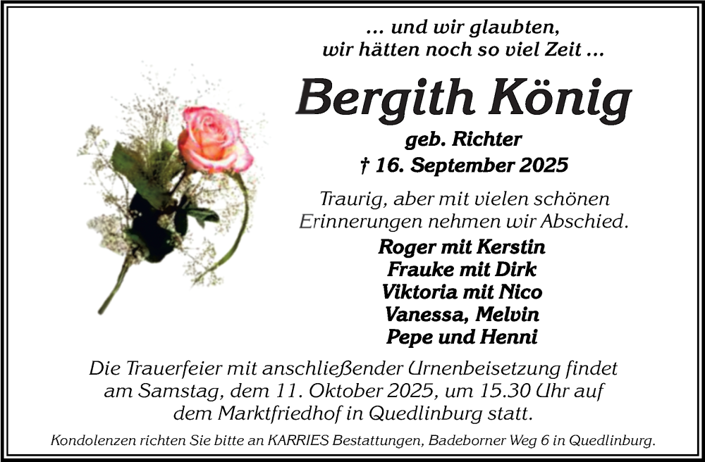  Traueranzeige für Bergith König vom 04.10.2025 aus Trauerkombi Quedlinburg