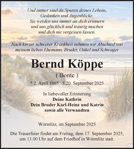 Traueranzeige von Bernd Köppe von Volksstimme Burg/Genthin