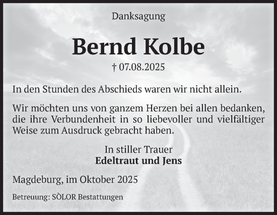 Traueranzeige von Bernd Kolbe von Volksstimme Magdeburg