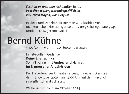 Traueranzeige von Bernd Kühne von Trauerkombi Merseburg